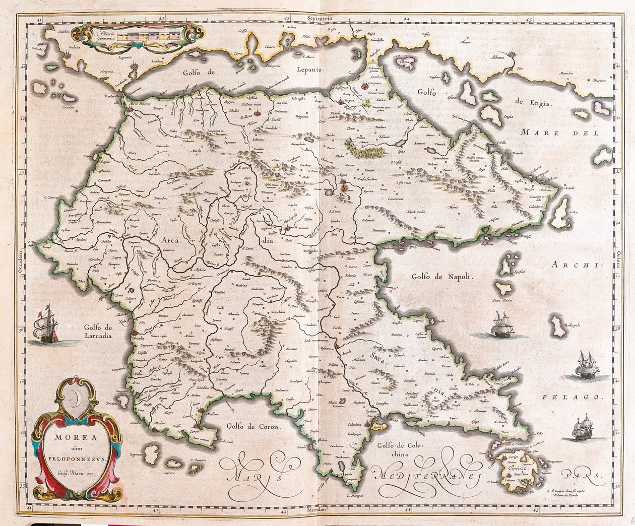 希腊，伯罗奔尼撒半岛，载于威廉-布劳的 "Theatrum Orbis Terrarum, sive Atlas Novus"，阿姆斯特丹 作者 威廉·布劳