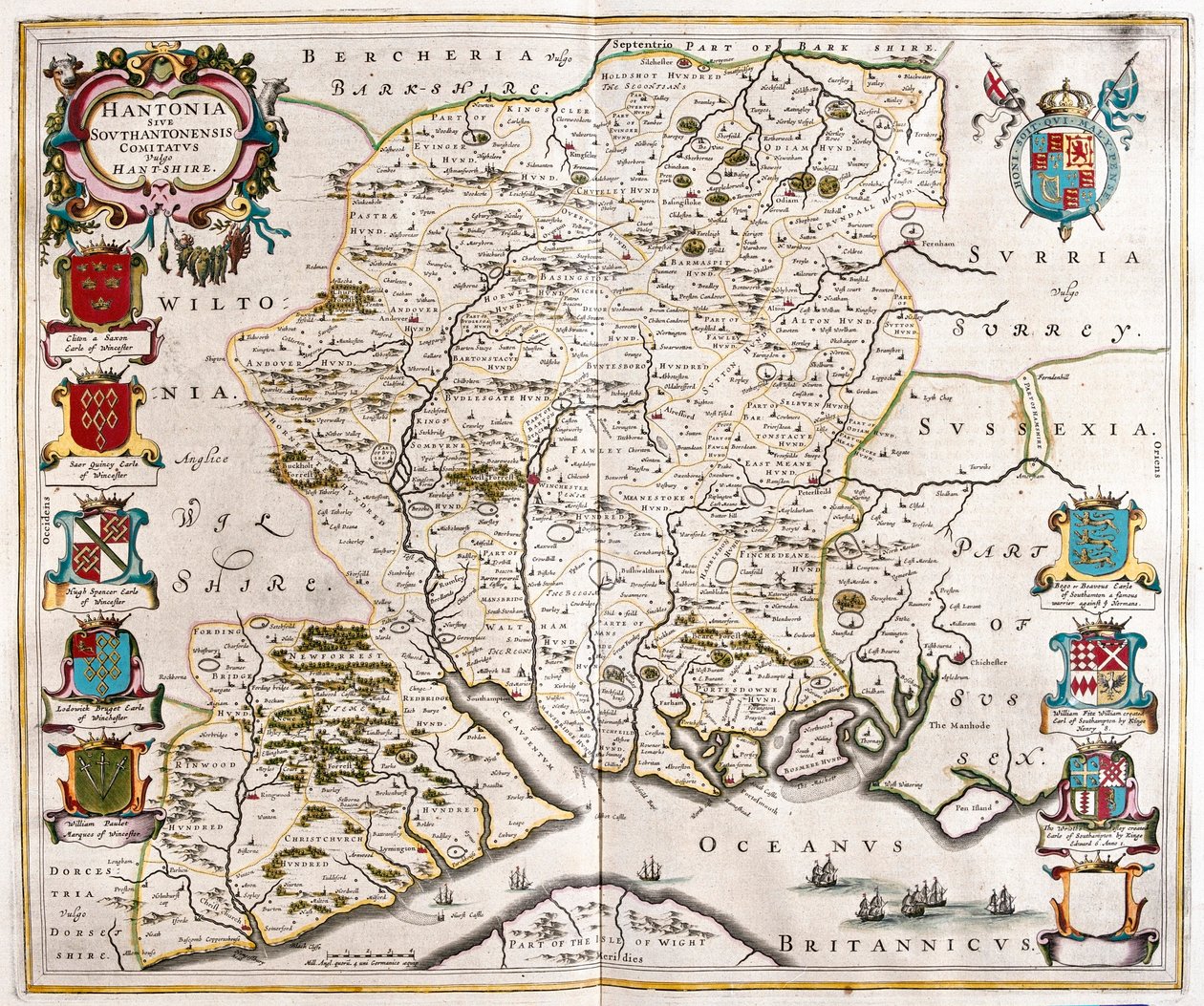 汉普郡和南安普顿，载于威廉-布劳（Willem Blaeu）撰写的 "Theatrum Orbis Terrarum, sive Atlas Novus"，阿姆斯特丹 作者 威廉·布劳