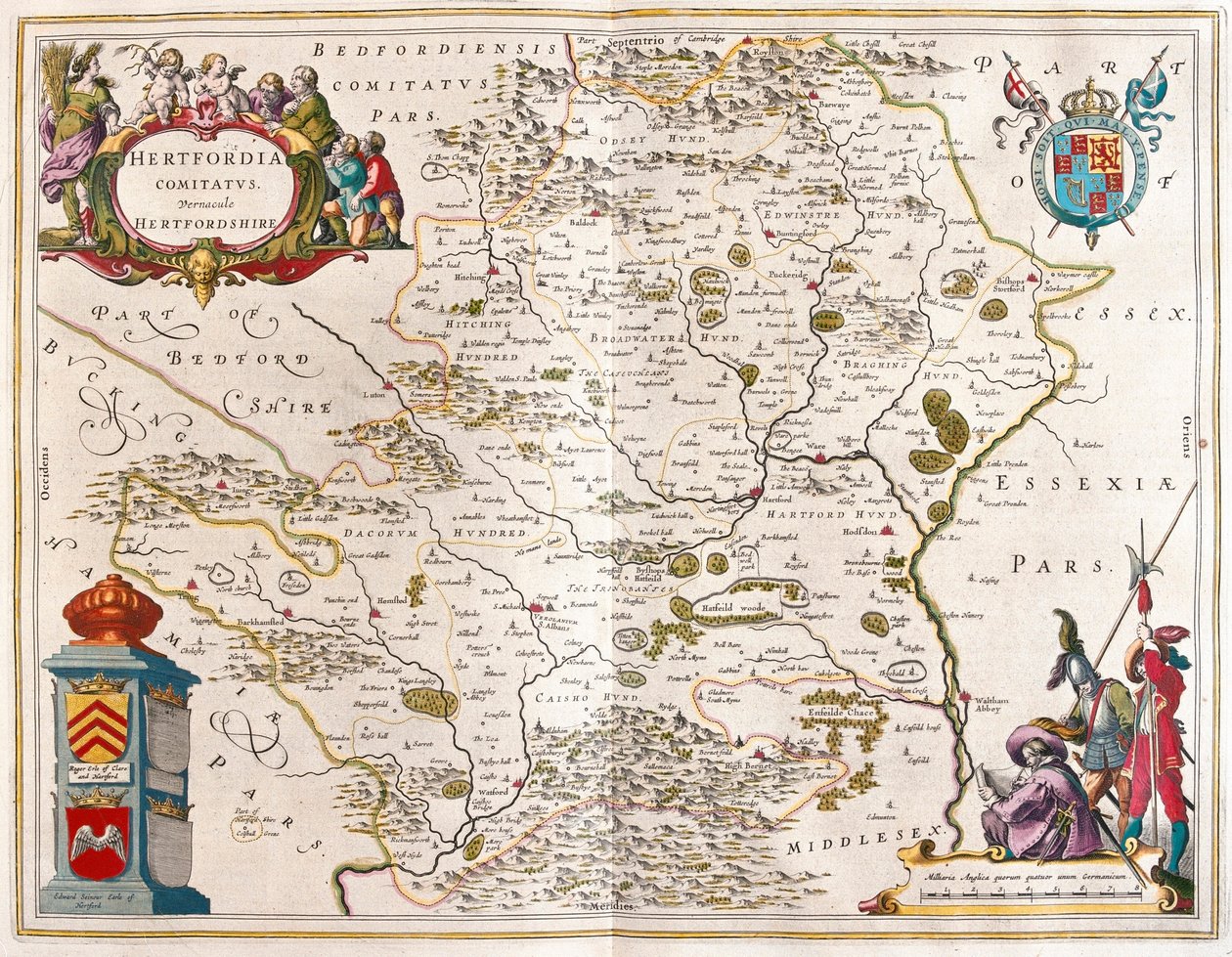 赫特福德郡，载于威廉-布劳（Willem Blaeu）在阿姆斯特丹绘制的 "Theatrum Orbis Terrarum, sive Atlas Novus"。 作者 威廉·布劳
