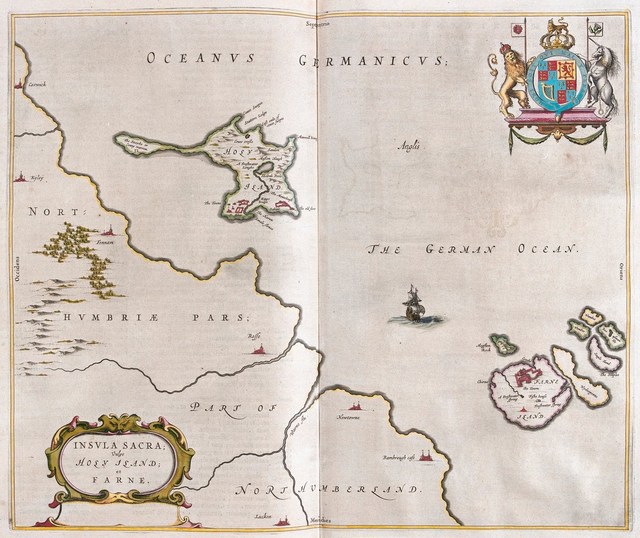 圣岛和林迪斯法恩，载于威廉-布劳（Willem Blaeu）的 "Theatrum Orbis Terrarum, sive Atlas Novus"，阿姆斯特丹 作者 威廉·布劳