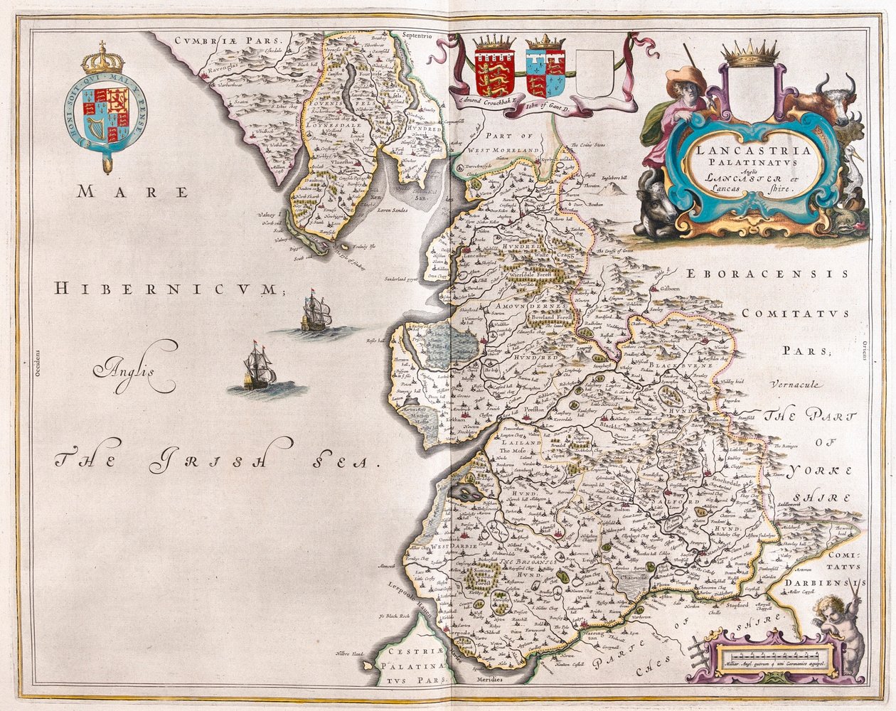 兰开斯特和兰开斯特郡，载于威廉-布劳（Willem Blaeu）撰写的 "Theatrum Orbis Terrarum, sive Atlas Novus"，阿姆斯特丹 作者 威廉·布劳
