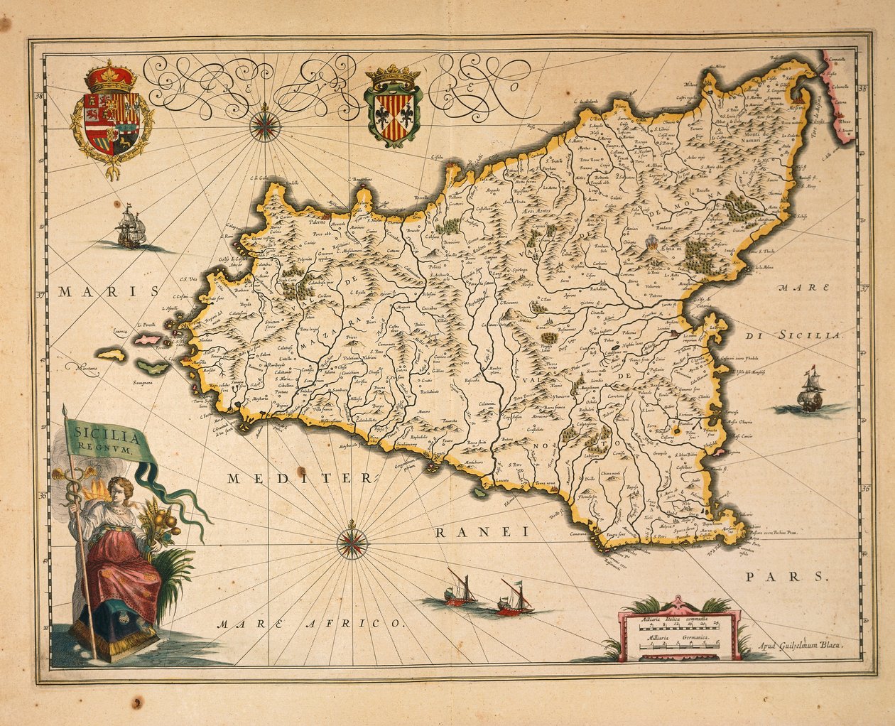 西西里岛地图，Willem Blaeu绘制，来自Regionum Italiae，雕刻版。 作者 威廉·布劳
