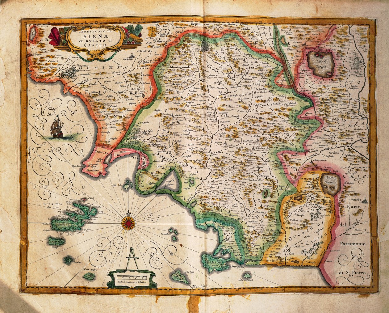 意大利大区的锡耶纳地图，Willem Blaeu绘制，雕版印刷。 作者 威廉·布劳