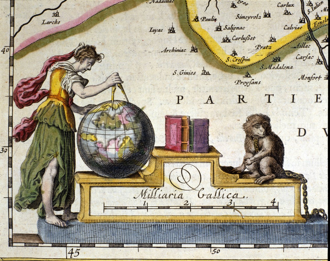 地球的测量。Willem Janszoon Blaeu（1571-1638）的地图集的细节。阿姆斯特丹1630年。 作者 威廉·布劳