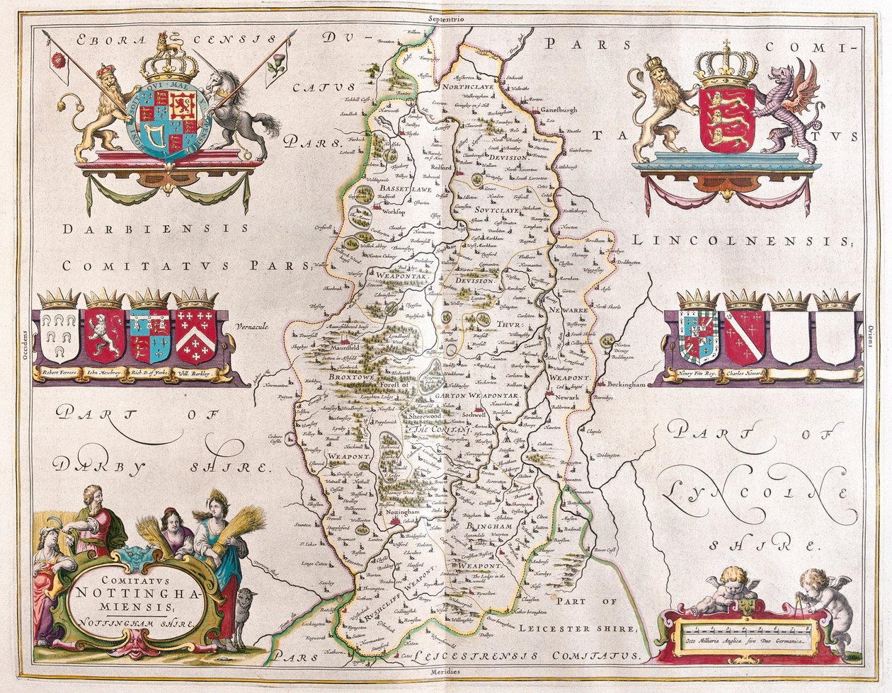 诺丁汉郡，载于威廉-布劳（Willem Blaeu）在阿姆斯特丹绘制的 "Theatrum Orbis Terrarum, sive Atlas Novus"。 作者 威廉·布劳