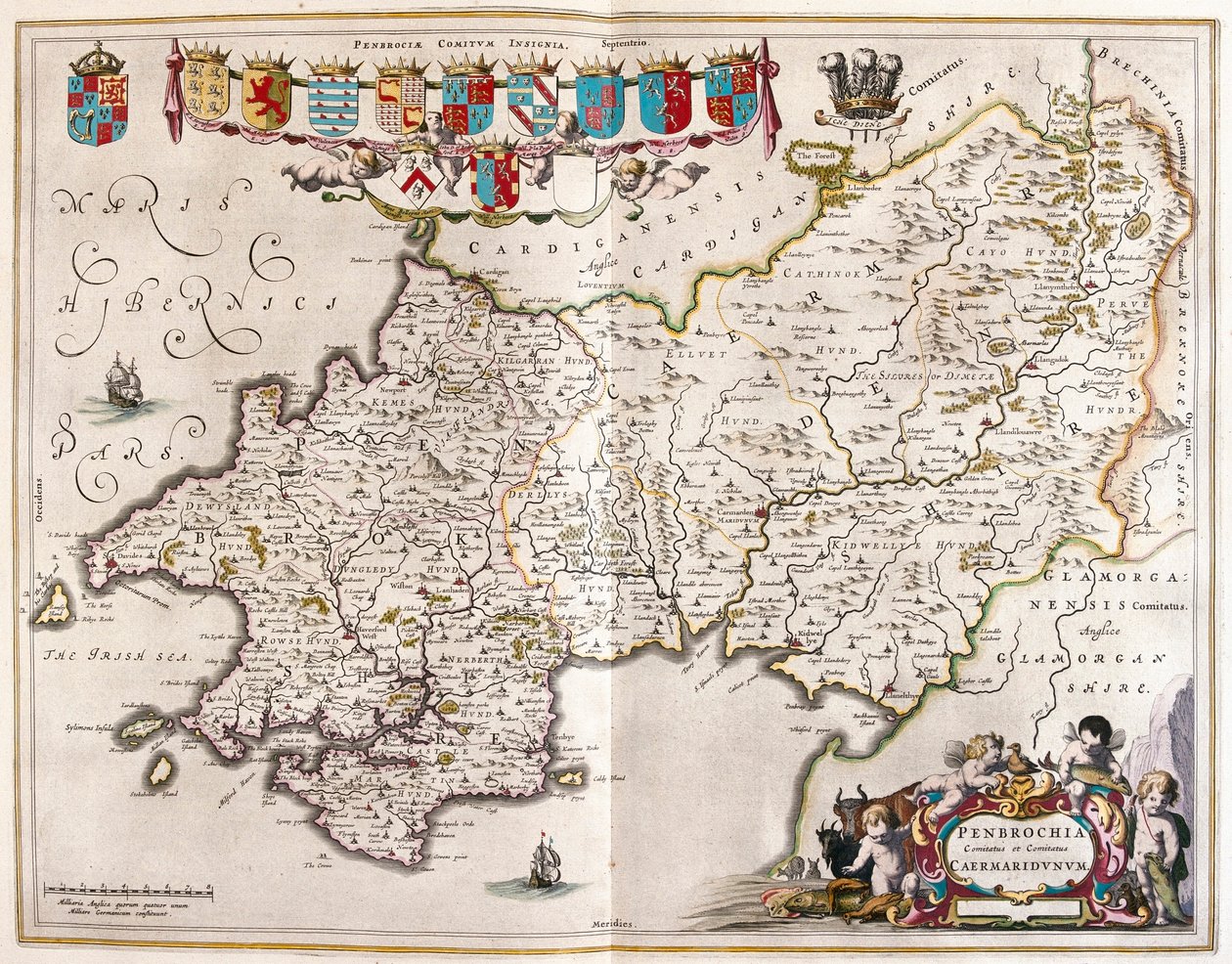 Pembrokrshire 和 carmarthenshire，载于 Willem Blaeu 的《Theatrum Orbis Terrarum, sive Atlas Novus》，阿姆斯特丹 作者 威廉·布劳
