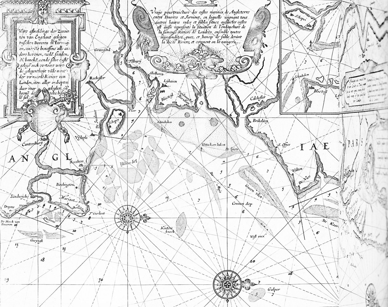 1633 年在阿姆斯特丹出版的威廉-扬松-布劳（Willem Janszoon Blaeu）绘制的《海洋-奇迹》地图集上的泰晤士河口 作者 威廉·布劳