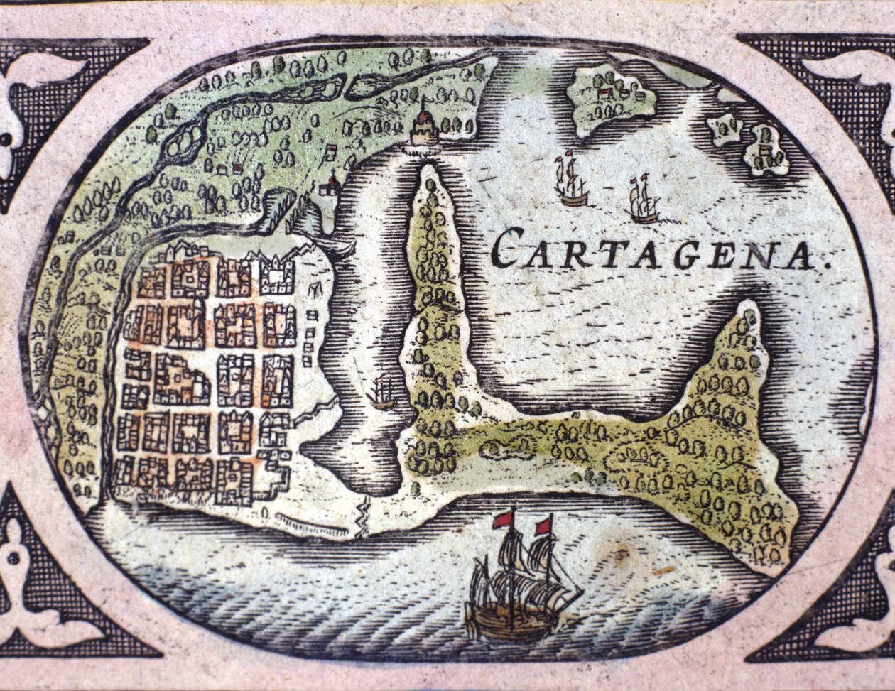 哥伦比亚（南美洲）卡塔赫纳的景色。Willem Janszoon Blaeu (1571-1638)绘制的地图集 "Le Theatre du Monde "的细节。 作者 威廉·布劳