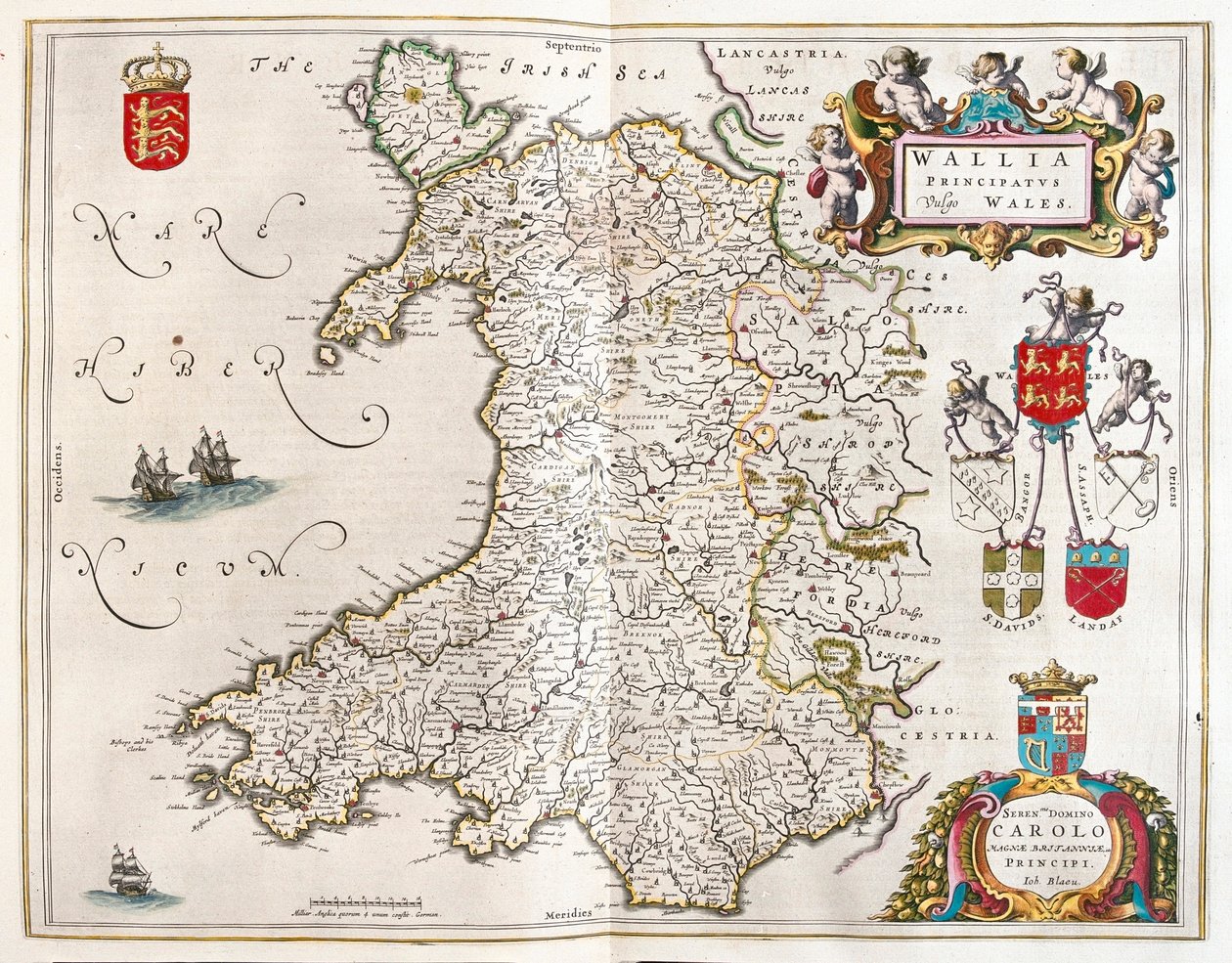 威尔士，载于威廉-布劳（Willem Blaeu）的 "Theatrum Orbis Terrarum, sive Atlas Novus"，阿姆斯特丹 作者 威廉·布劳
