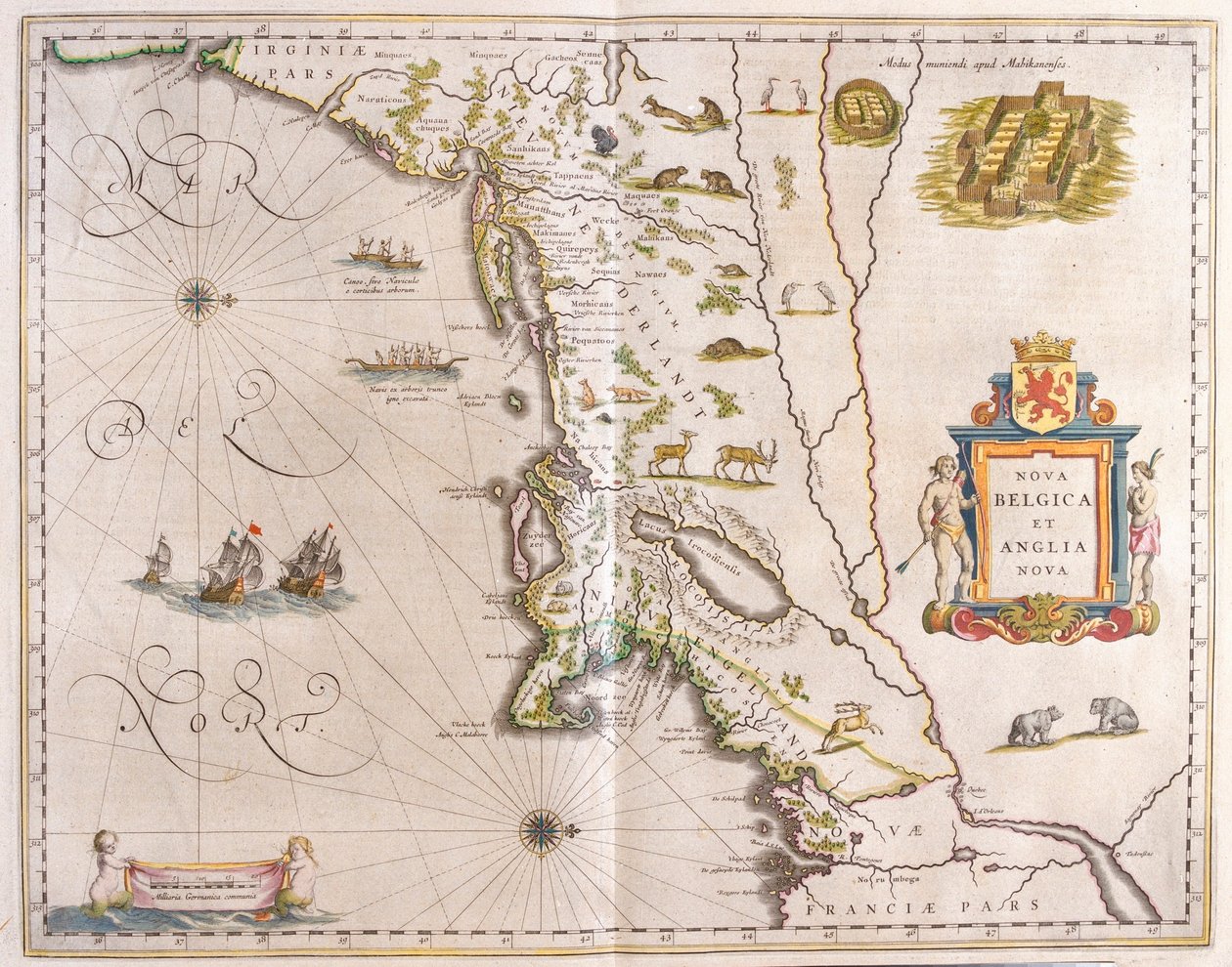 阿姆斯特丹 Willem Blaeu 绘制的 "Theatrum Orbis Terrarum, sive Atlas Novus "中的美国东北海岸线。 作者 威廉·布劳