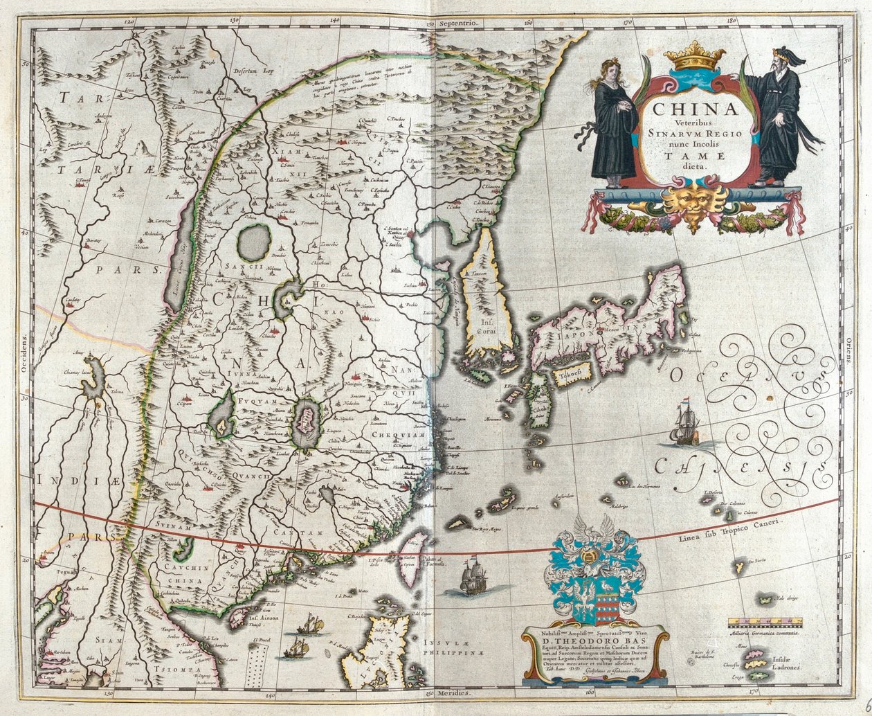 布劳绘制的第一幅中国地图，载于威廉-布劳绘制的 "Theatrum Orbis Terrarum, sive Atlas Novus"，阿姆斯特丹 作者 威廉·布劳