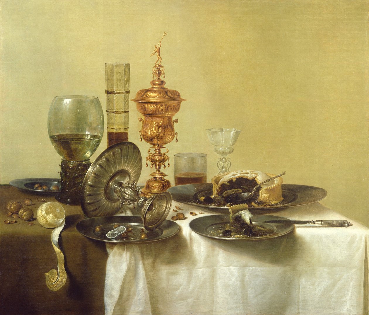 静物与眼镜，盘子和食物，1638年 作者 威廉·克拉斯（Willem Claesz）。赫达
