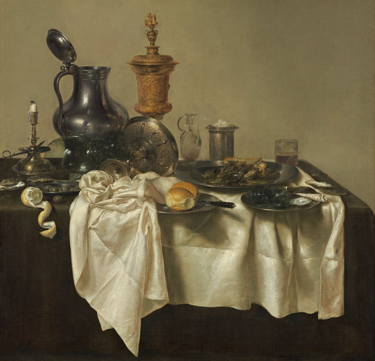 宴会拼盘配肉馅派 作者 威廉·克拉斯（Willem Claesz）。赫达