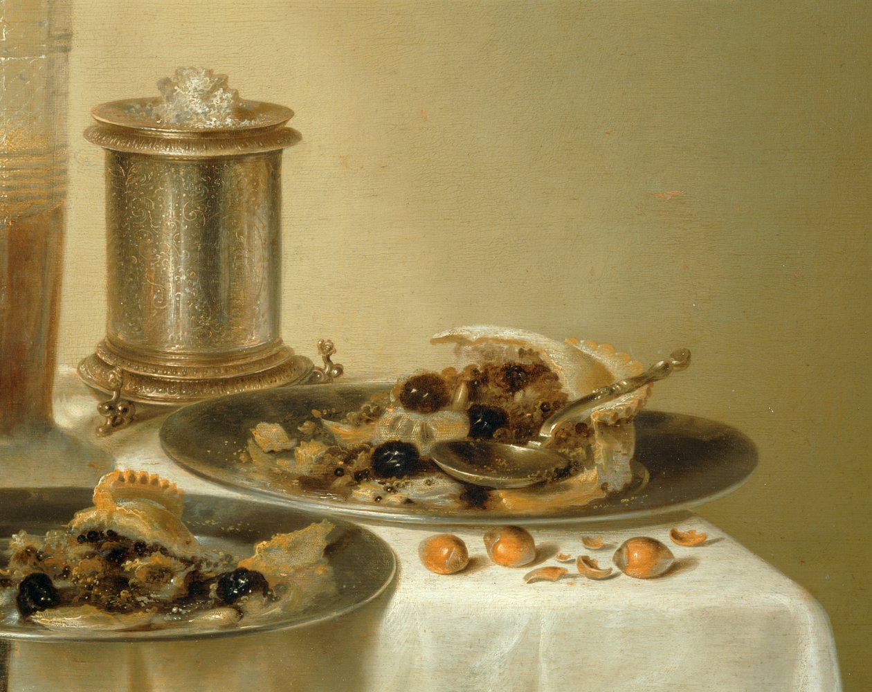 有银质高脚杯的静物 - ... 作者 威廉·克拉斯（Willem Claesz）。赫达