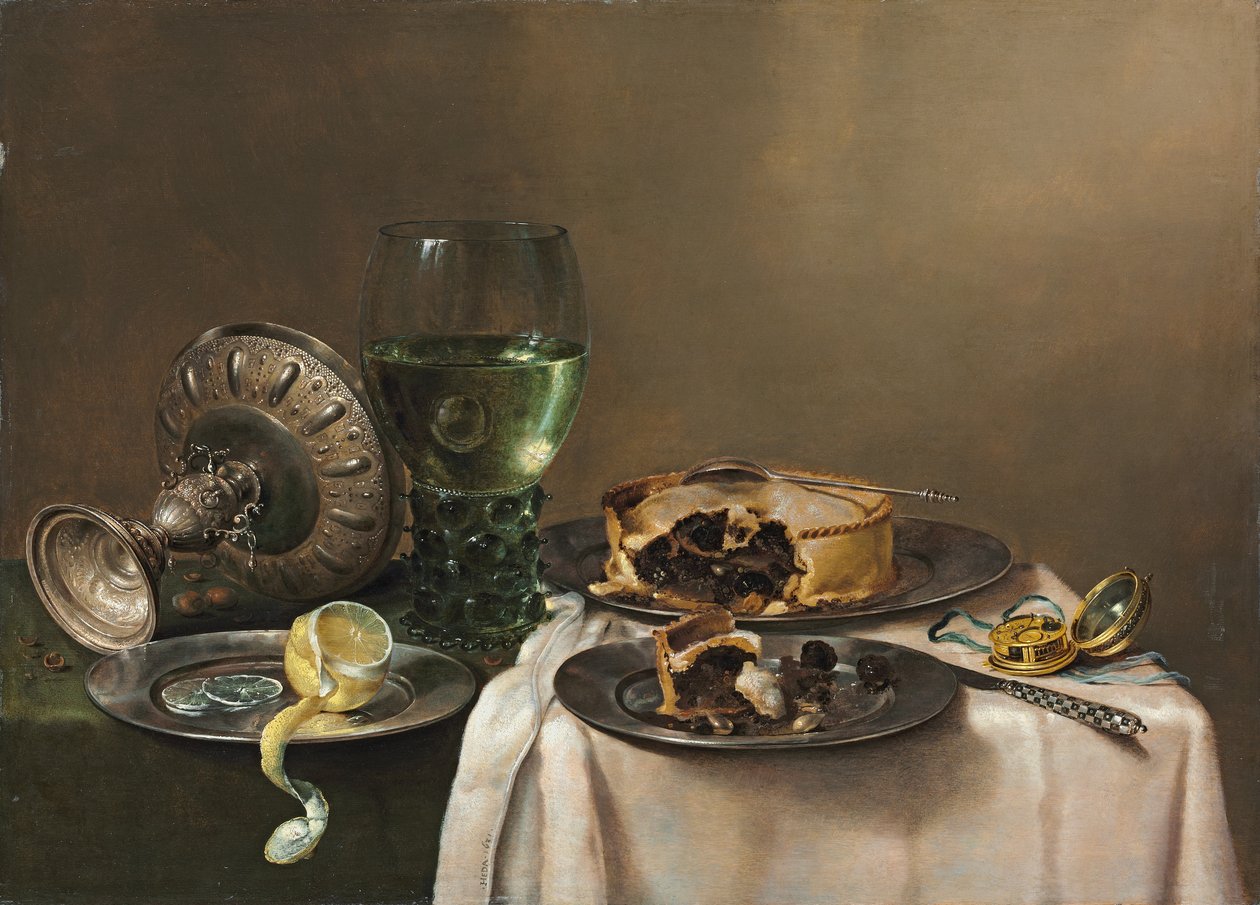 Pronk静物画，带有长袍，上翘的银tazza，锡板上的半去皮柠檬，馅饼，钟表和小刀，1631年 作者 威廉·克拉斯（Willem Claesz）。赫达