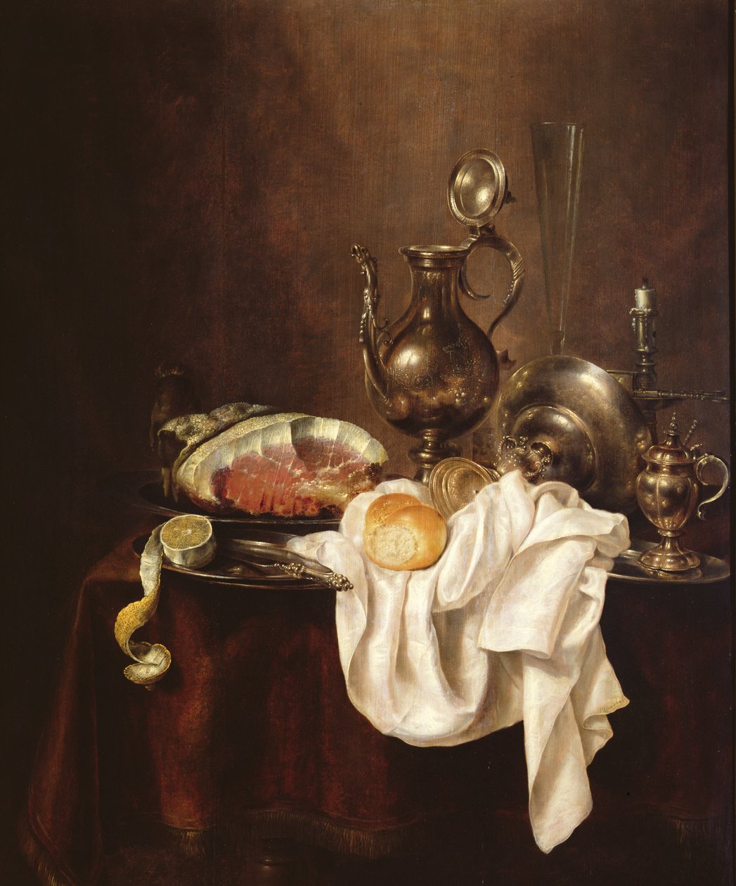 火腿和银盘的静物画 作者 威廉·克拉斯（Willem Claesz）。赫达