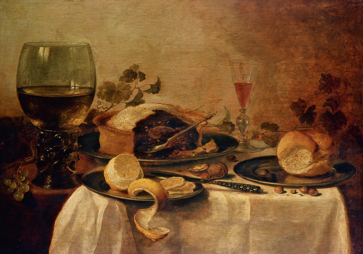 静物与水果派，1635年 作者 威廉·克拉斯（Willem Claesz）。赫达