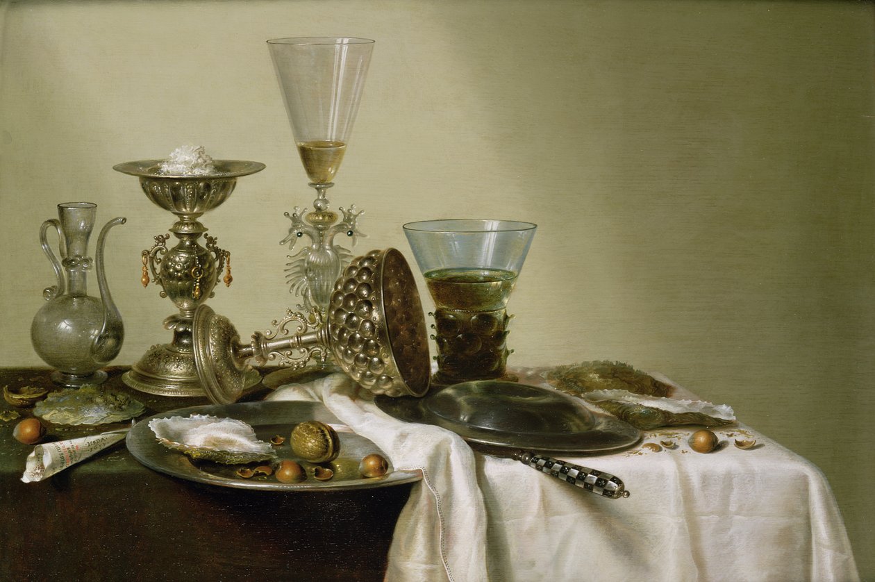 静物与牡蛎和坚果，1637年 作者 威廉·克拉斯（Willem Claesz）。赫达