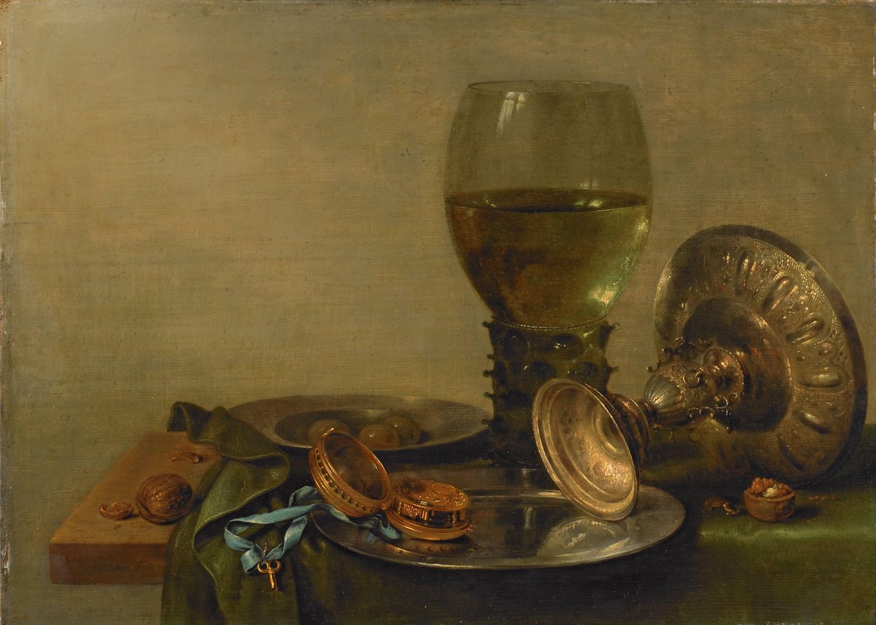 银饰静物 作者 威廉·克拉斯（Willem Claesz）。赫达