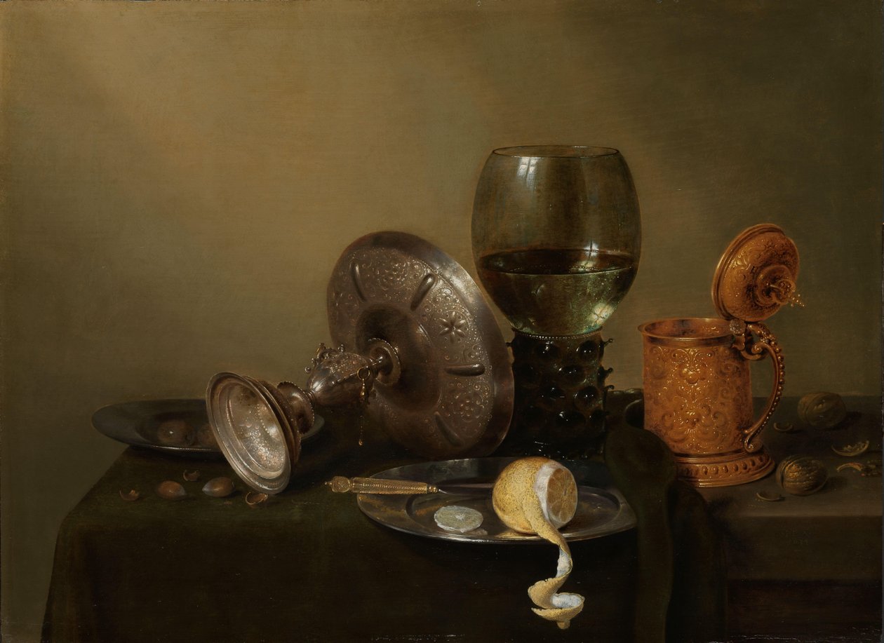 镀金啤酒罐静物画 作者 威廉·克拉斯（Willem Claesz）。赫达