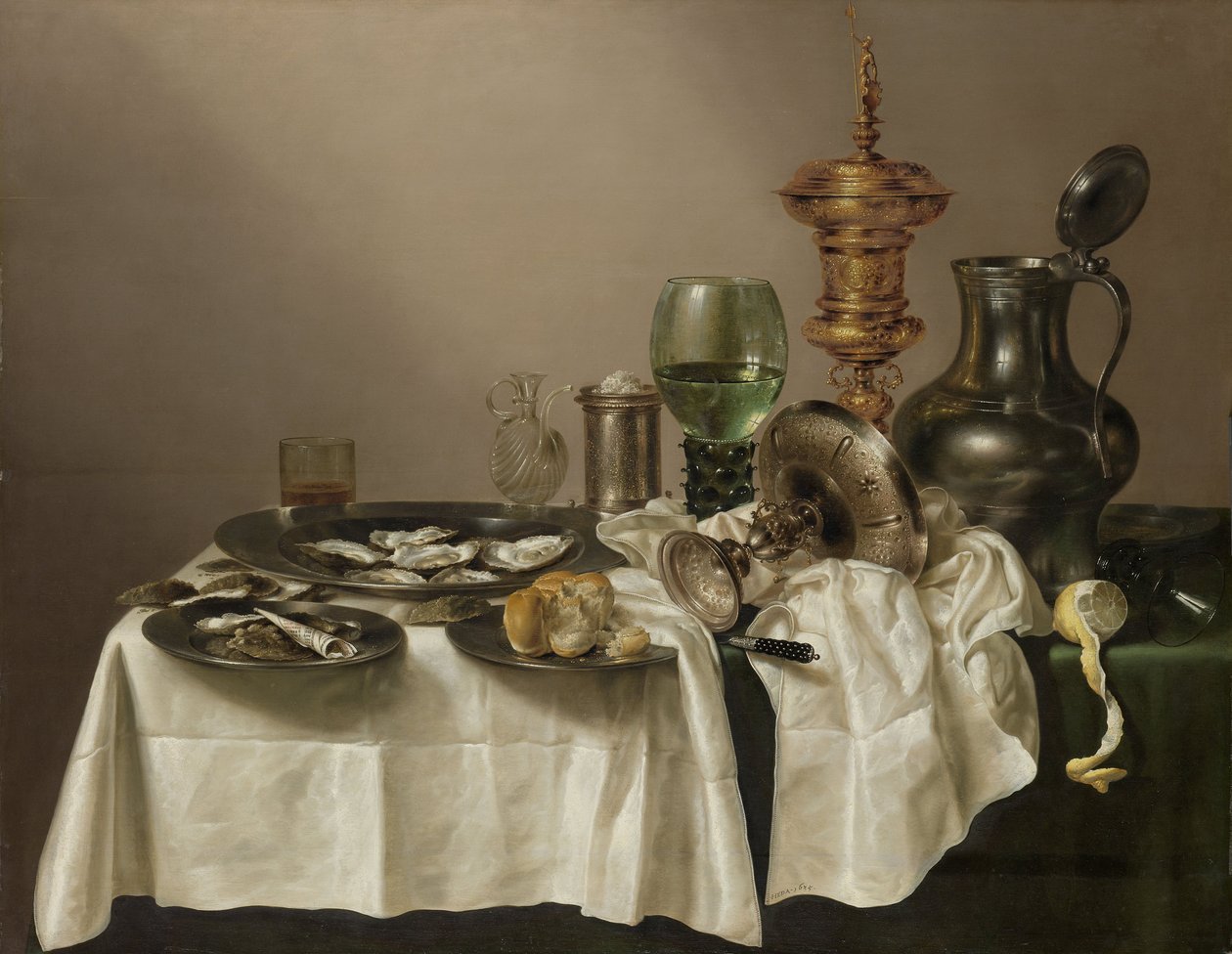 静物与镀金杯，1635年 作者 威廉·克拉斯（Willem Claesz）。赫达