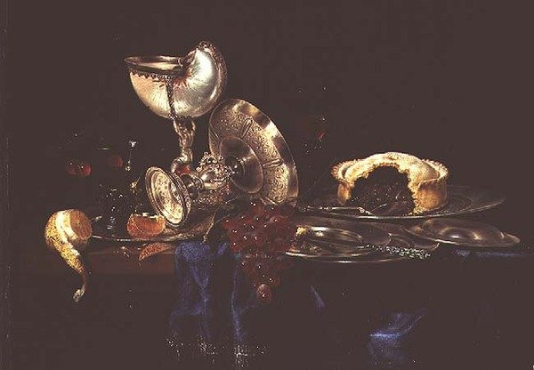 静物与肉馅饼和鹦鹉螺杯 作者 威廉·克拉斯（Willem Claesz）。赫达