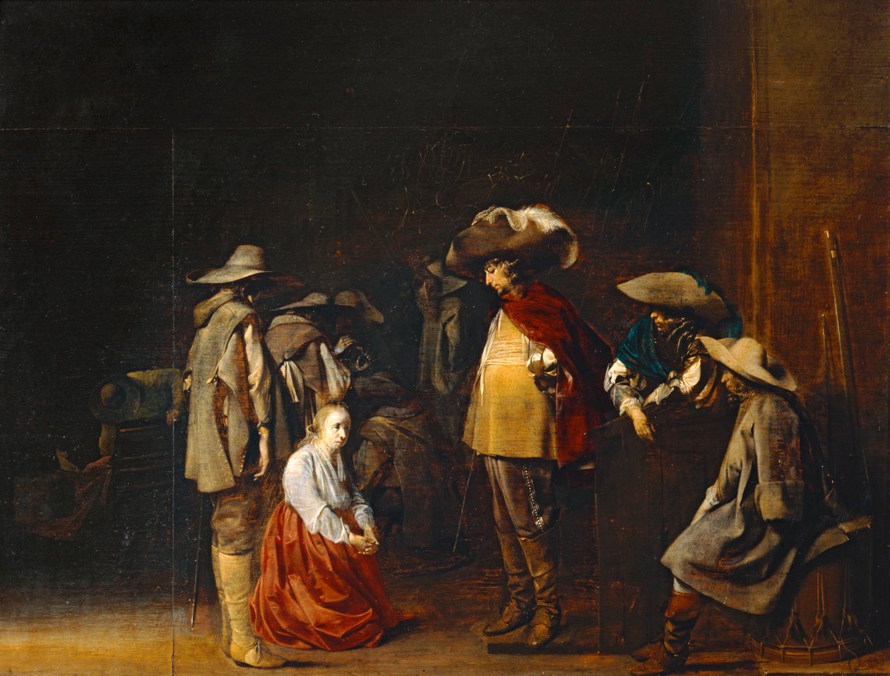 Corps de garde avec femme suppliant des soldats, dit aussi Les Maraudeurs -卫兵与妇女恳求士兵，也称为掠夺者... 作者 威廉·科内利斯·杜伊斯特