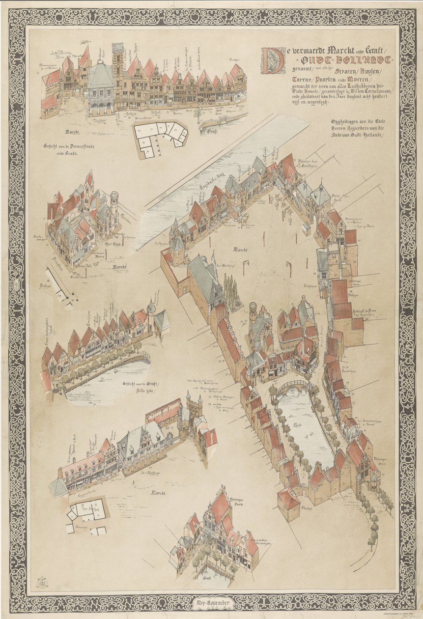旧荷兰地图，1895 年
The renowned Marckt ende Graft / Oudt-Hollandt genaemt / met alle syn Straten / Huysen (...) gemaeckt ter eer van allen Liefhebberen der Oude Konste (...). （标题在实物上） 作者 威廉·科内利松