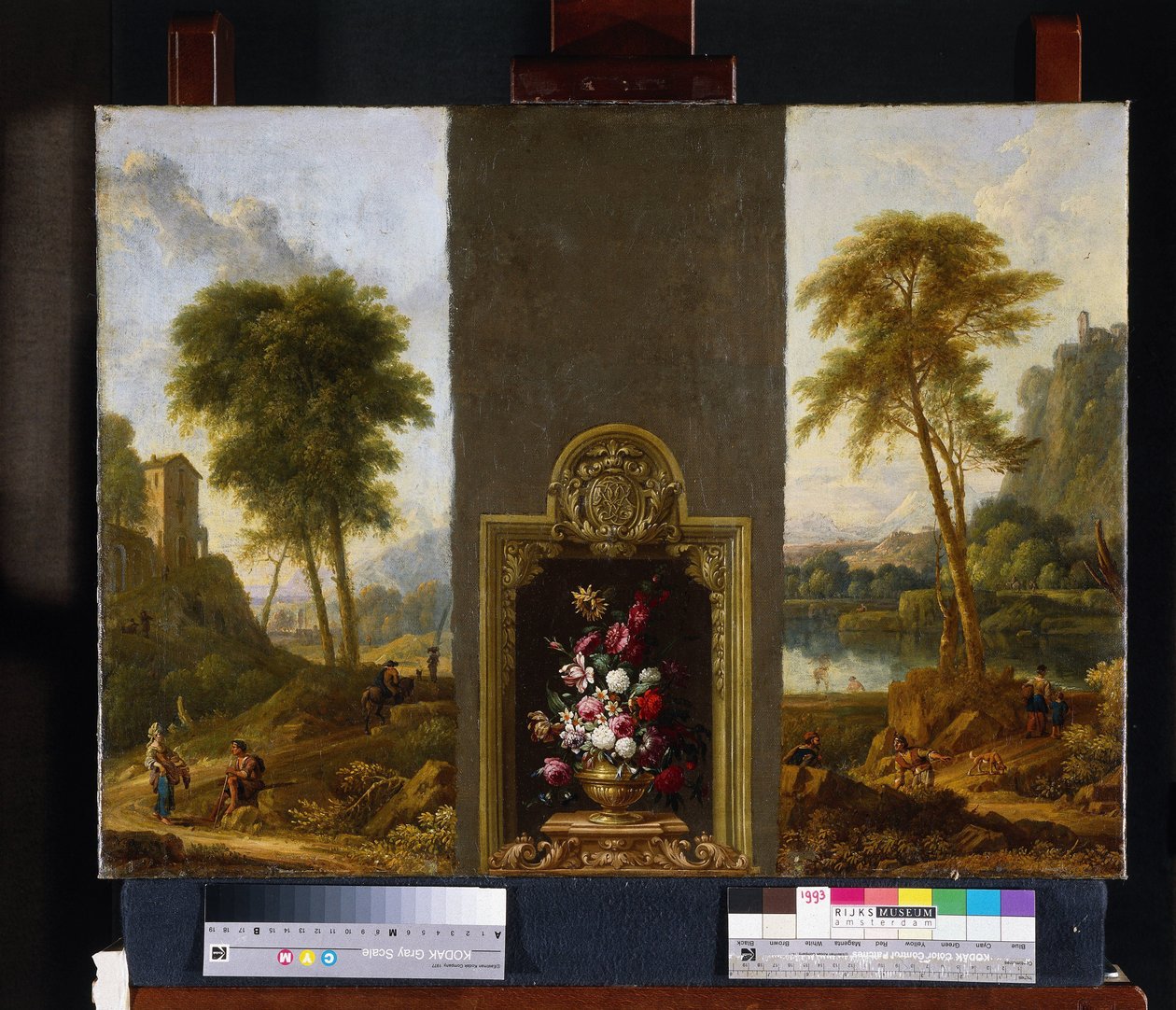 花卉静物，配以印有字母图案的画框 作者 Willem Hendrik Wilhelmus van Royen（归属于）