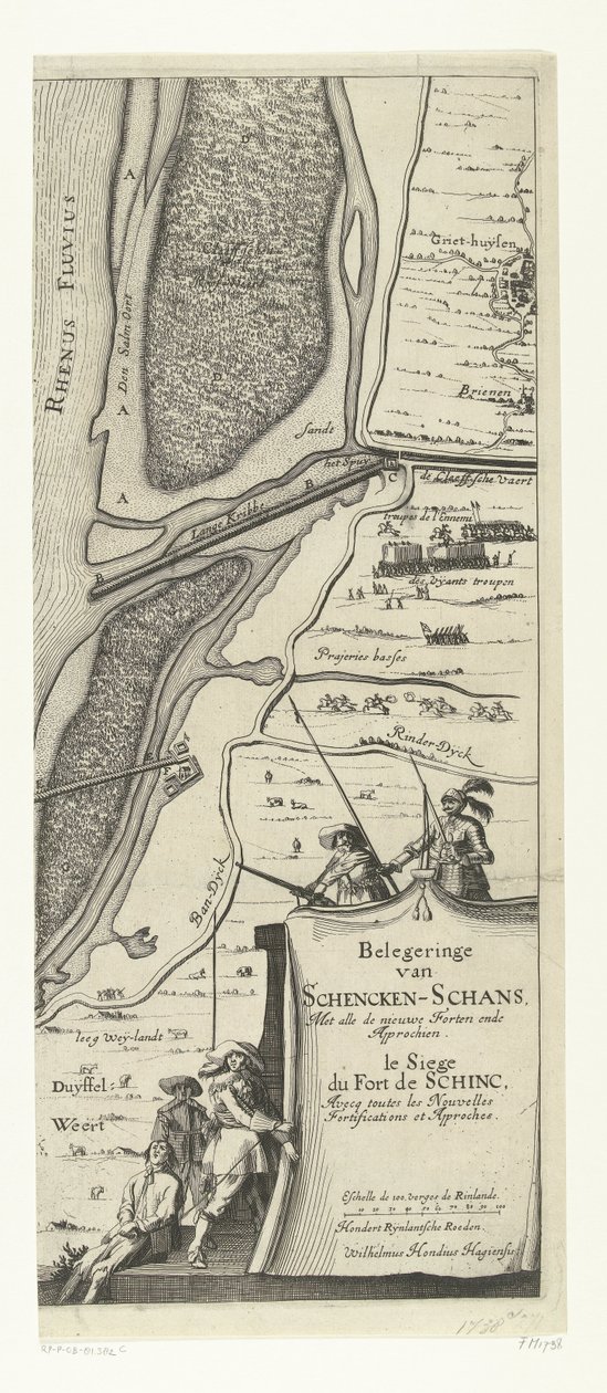 申肯尚斯之围（右页），1635 年
Belegeringe van Schencken-Schans，Met alle de nieuwe Forten ende Approchen / le Siege du Fort de schinc，Avecq toutes les Nouvelles Fortifications et Approches（标题见实物） 作者 威廉洪迪乌斯