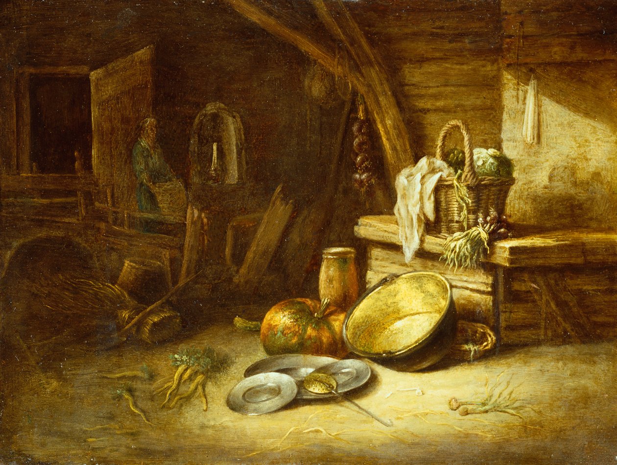 厨房与柳条筐中的蔬菜、锡盘和南瓜（铜版油画） 作者 威廉·卡尔夫