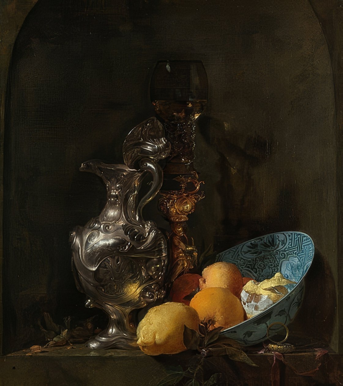 与银水罐和瓷碗的静物画。 1655-60 作者 威廉·卡尔夫