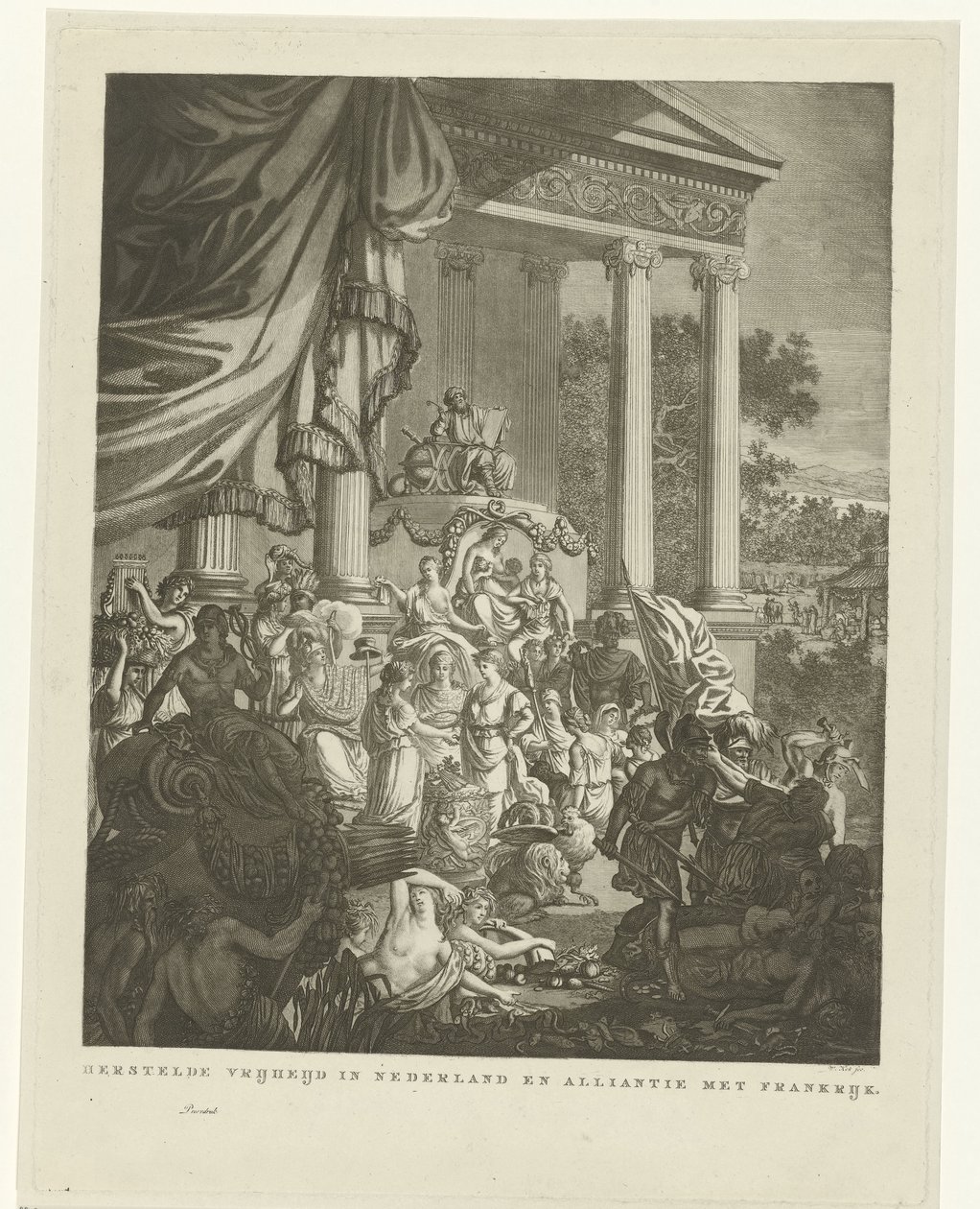 荷兰与法国结盟的寓意表现，1795 年
荷兰恢复自由与法国结盟（物体上的标题） 作者 威廉·科克