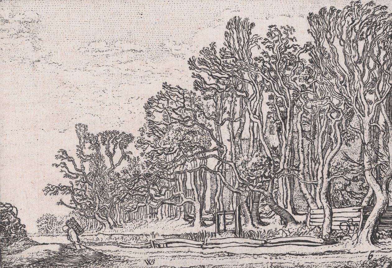 两块木板篱笆，来自Verscheyden Landtschapjes各种小景观，图版6，...，约1616年。 作者 威廉·皮特兹。买泰威