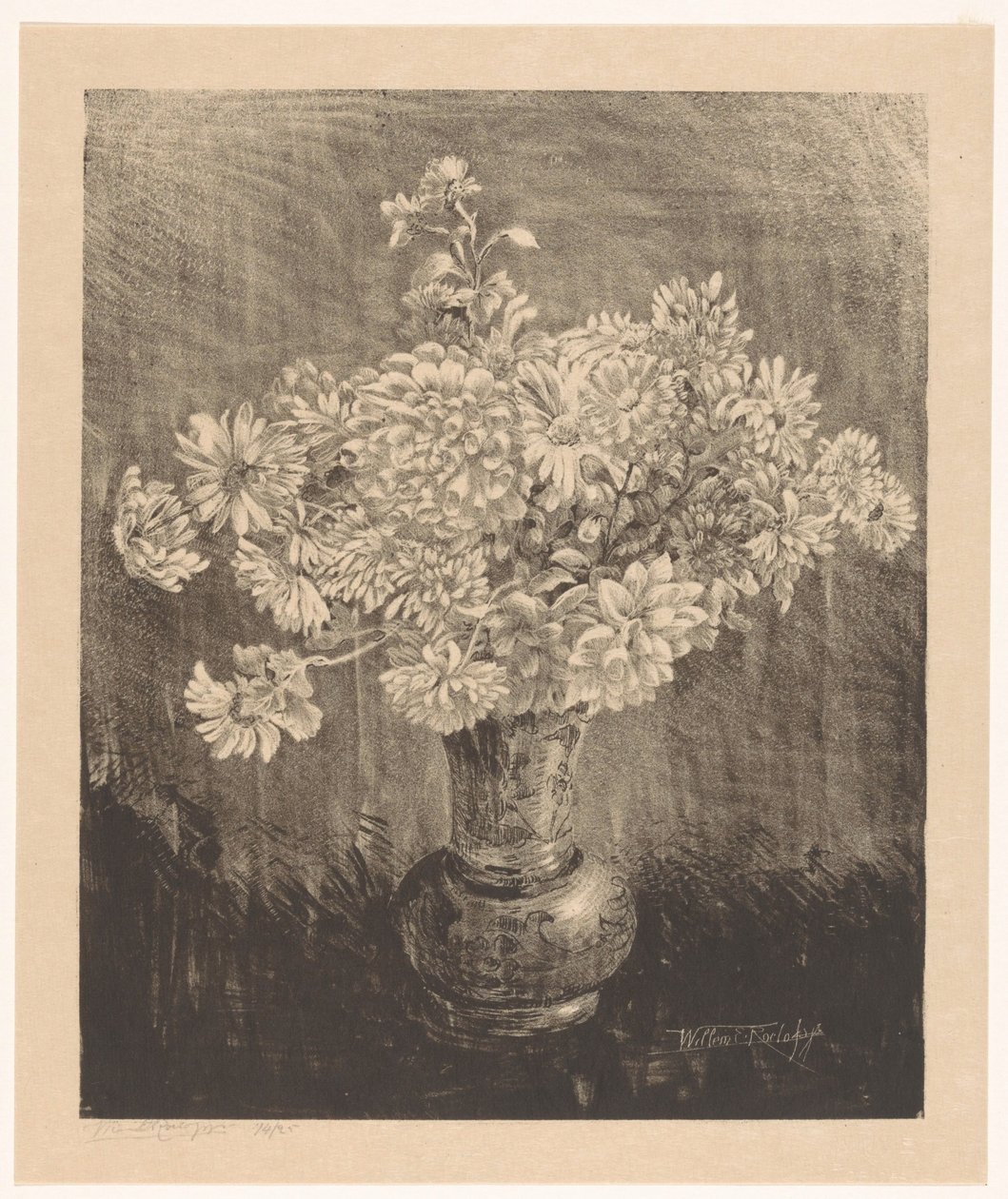 花瓶里的菊花 作者 Willem Roelofs (II)（艺术家签名）