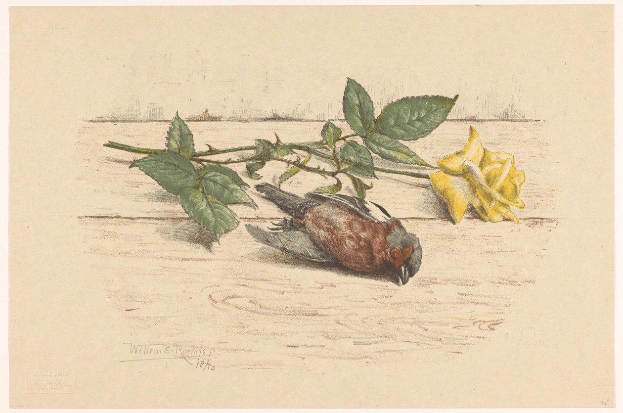 躺在玫瑰旁边的死雀鸟 作者 Willem Roelofs (II)（艺术家签名）