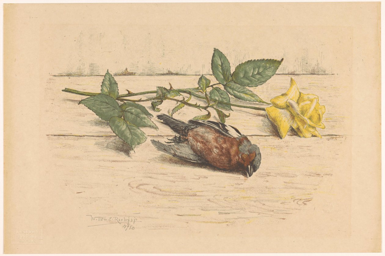 躺在玫瑰旁边的死雀 作者 Willem Roelofs (II)（艺术家签名）