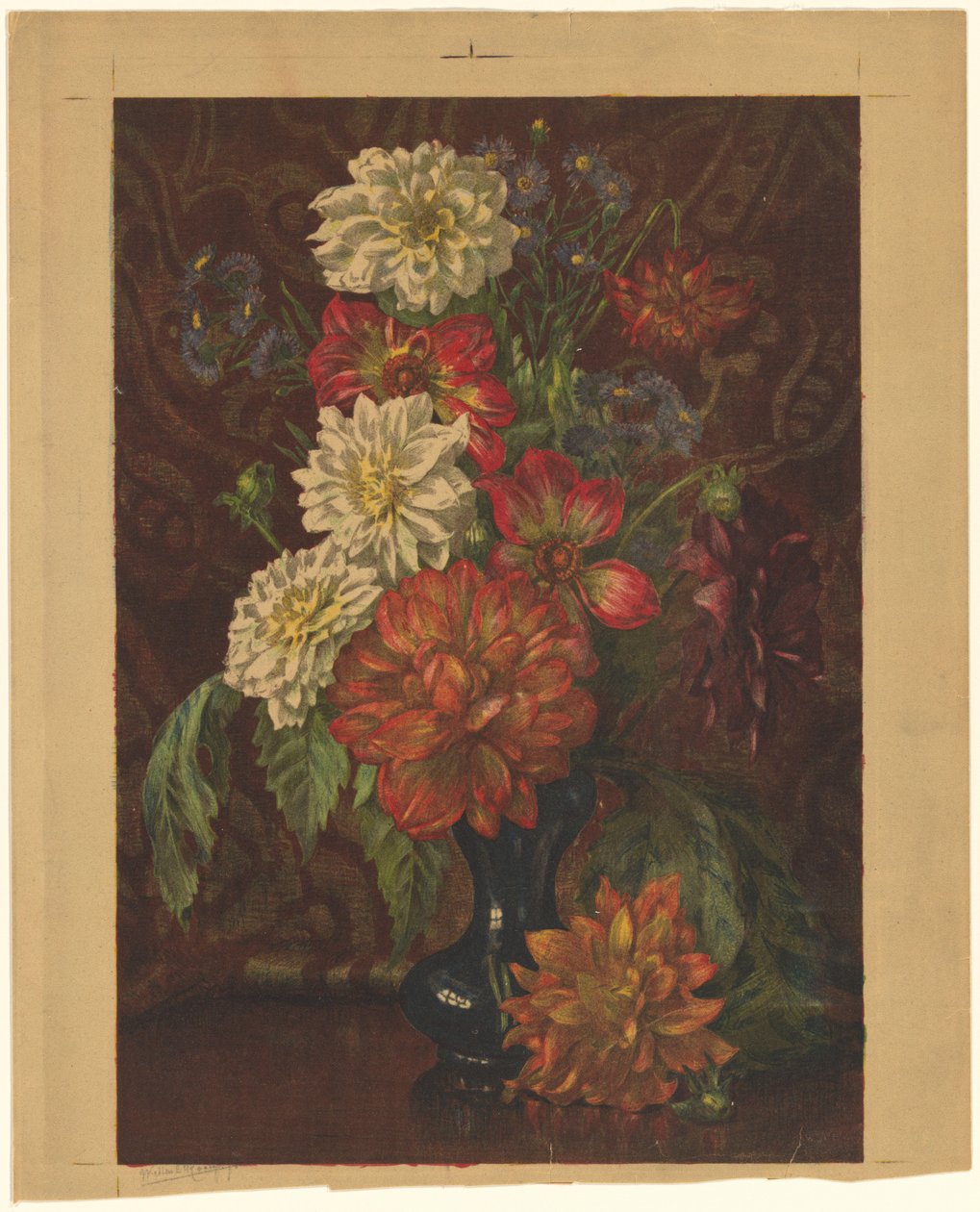 有大丽花的花瓶 作者 Willem Roelofs (II)（艺术家签名）
