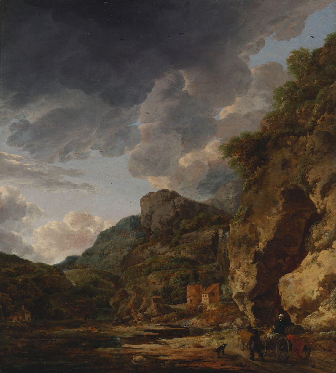 有河流和马车的山景，17 世纪第三季度（油画板） 作者 威廉·斯切林克斯