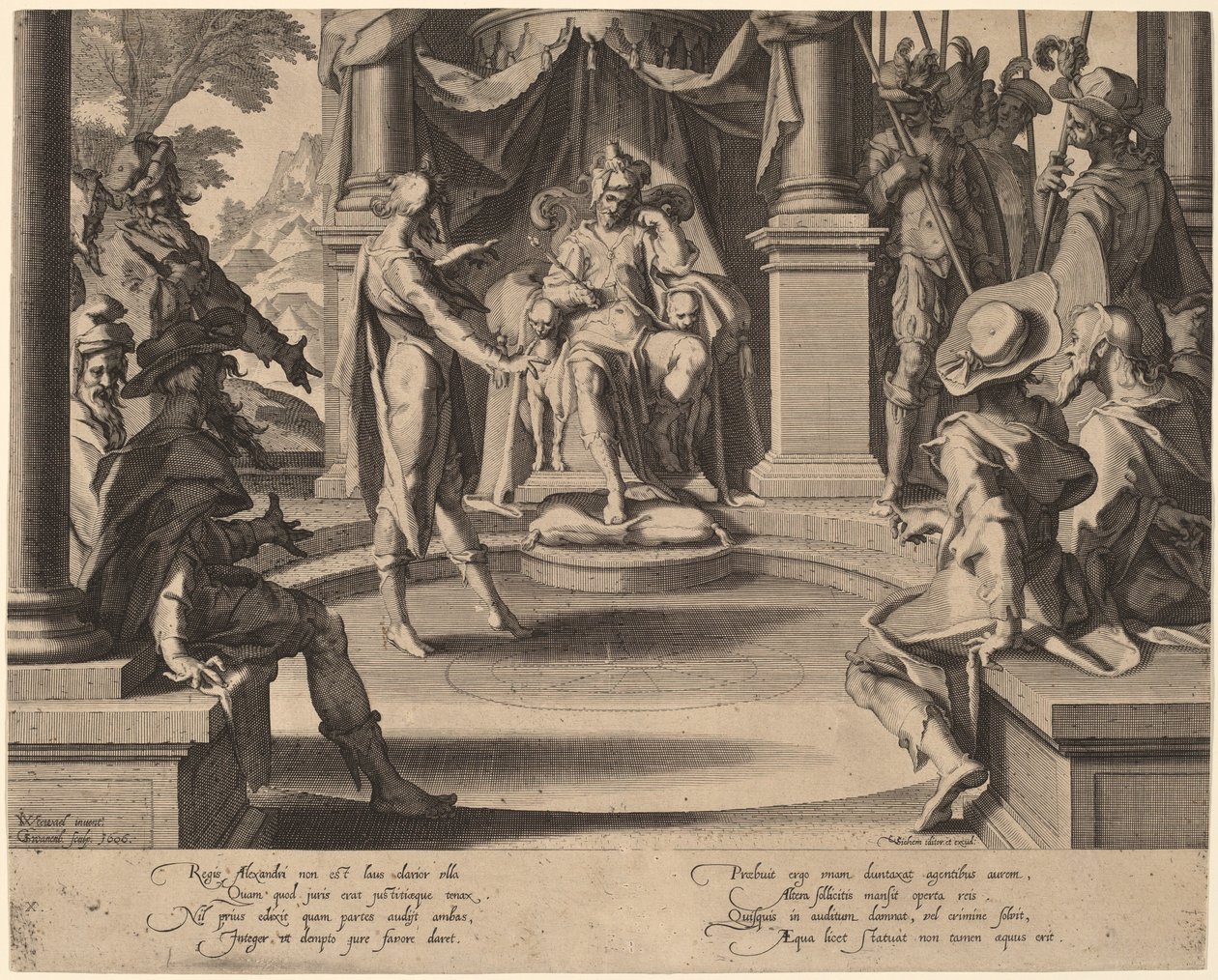 亚历山大大帝在司法中的坐姿 作者 Willem Swanenburgh，根据 Joachim Anthonisz Wtewael
