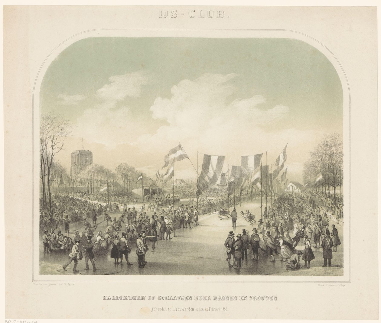 Schaatswedstrijd IJs-club / Hardrijderij op schaatsen door mannen en vrouwen gehouden te Leeuwarden op den 22 Februarij 1855 (title on object) 作者 威廉·特罗斯特 (II)