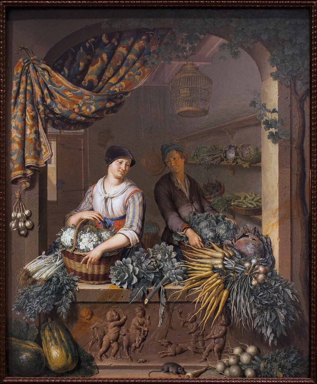 蔬菜推销员。 绘画 Willem van Mieris (1662-1747)，木上油彩 作者 威廉·范·米耶里斯（Willem Van Mieris）
