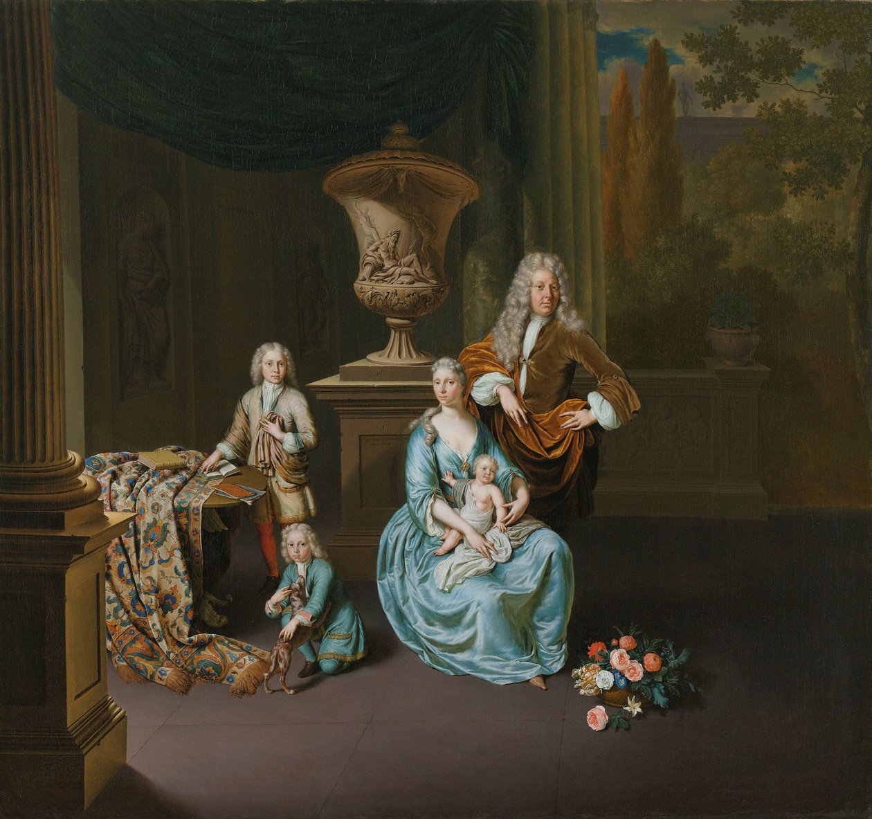 Diederik Baron van Leyden van Vlaardingen（1695-1764 年）。莱顿市市长，与妻子索菲亚-迪娜-德-罗夫雷和他们的儿子彼得、扬和阿德里安-庞培尤斯合影 作者 威廉·范·米耶里斯（Willem Van Mieris）