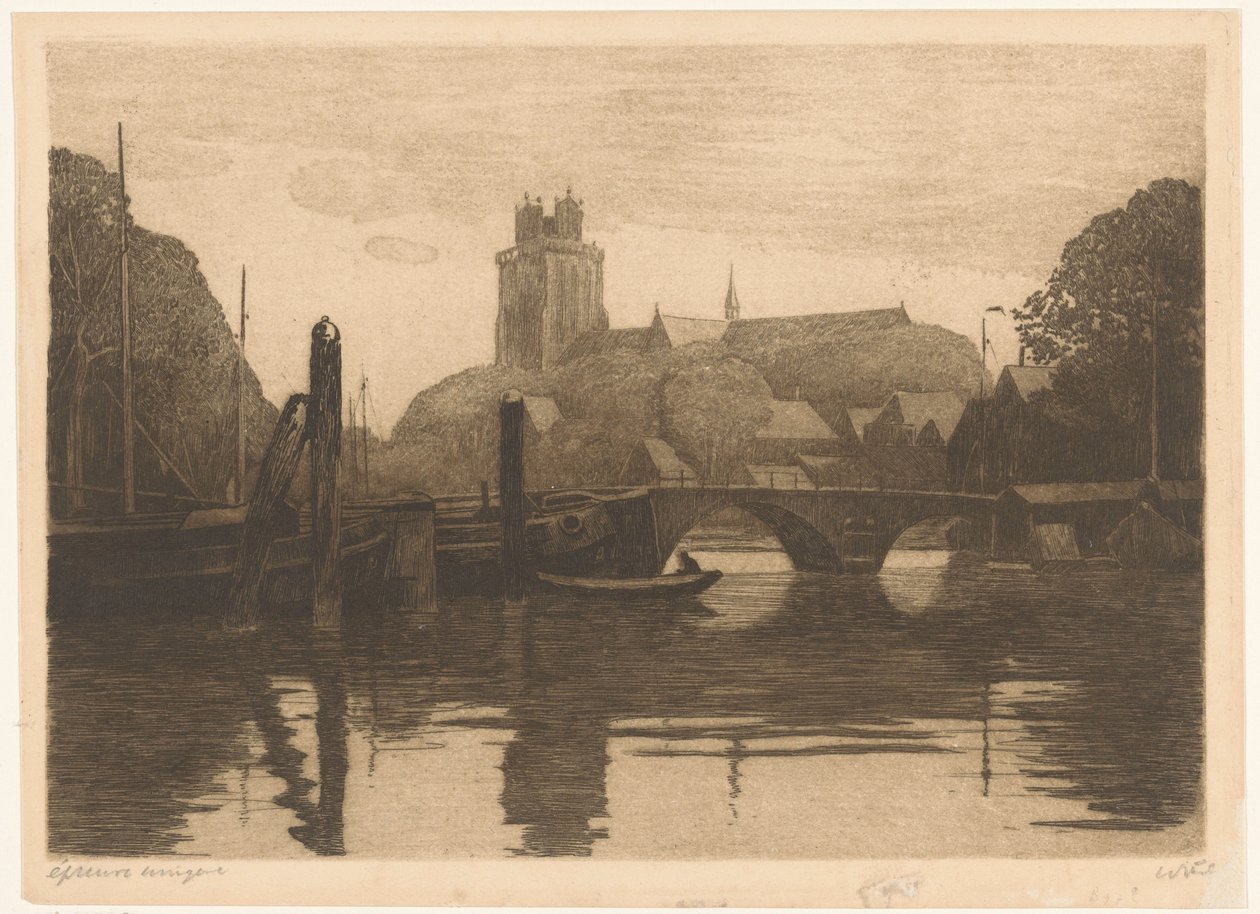 多德雷赫特新港（Nieuwe Haven）和格罗特教堂（Grote Kerk）景观 作者 Willem Witsen（艺术家签名）