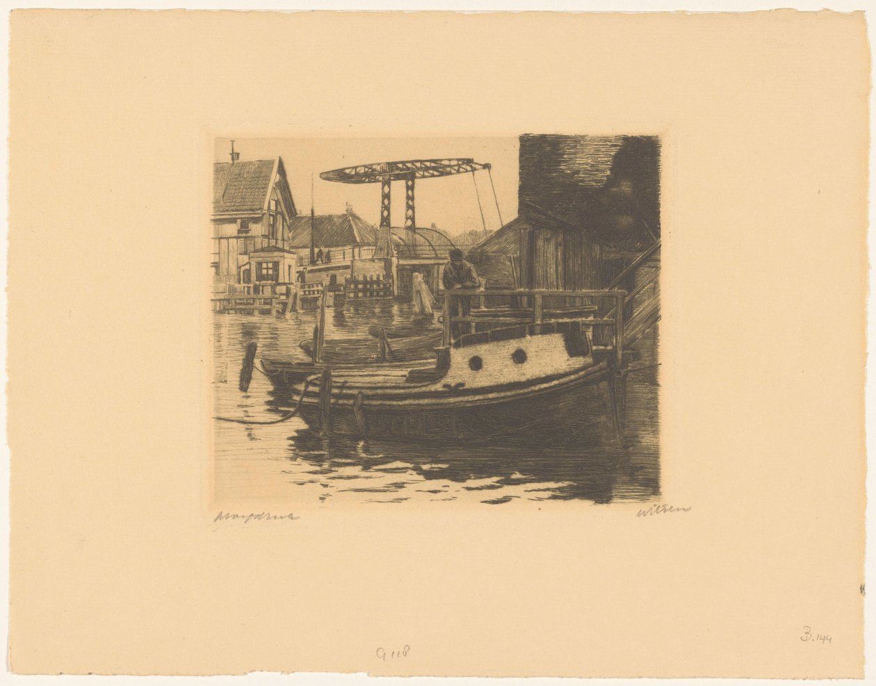 阿姆斯特丹 Kalkmarkt 和 Gravenhekje 之间的吊桥景观 作者 Willem Witsen（艺术家签名）