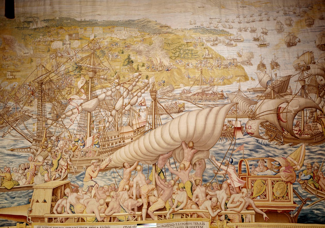 皇帝查理五世征服突尼斯：1535 年戈莱特的所在地。威廉-德-潘尼马克（Willem de Pannemaker，活跃于 1535-1554 年左右）1554 年塞维利亚阿尔卡萨挂毯的细节 作者 威廉·德·潘内梅克
