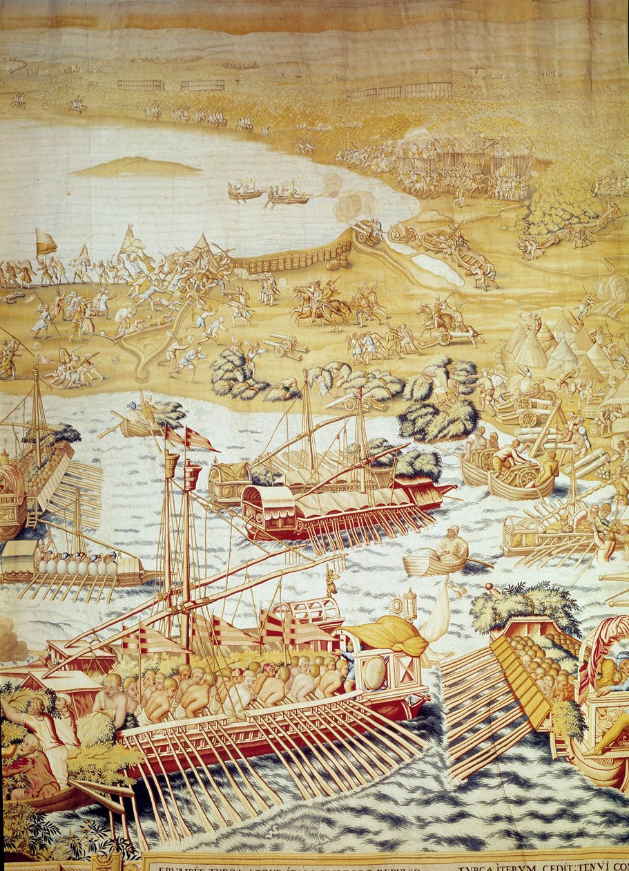 皇帝查理五世征服突尼斯：1535 年戈莱特的所在地。威廉-德-潘尼马克（Willem de Pannemaker，活跃于 1535-1554 年左右）1554 年塞维利亚阿尔卡萨挂毯的细节 作者 威廉·德·潘内梅克