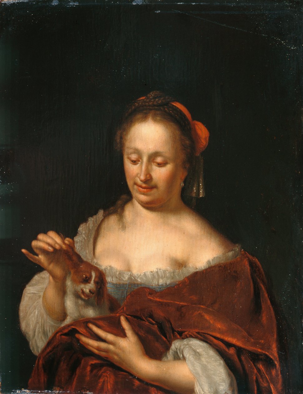 一位抱着小狗的女士（油画） 作者 威廉·范·米耶里斯（Willem Van Mieris）
