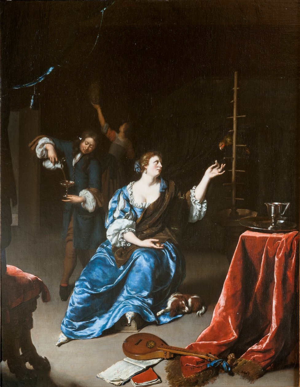 带鹦鹉的女士
 替代标题： Dame einen Papagei fütternd：   Dame einen Papagei fütternd 作者 威廉·范·米耶里斯（Willem Van Mieris）