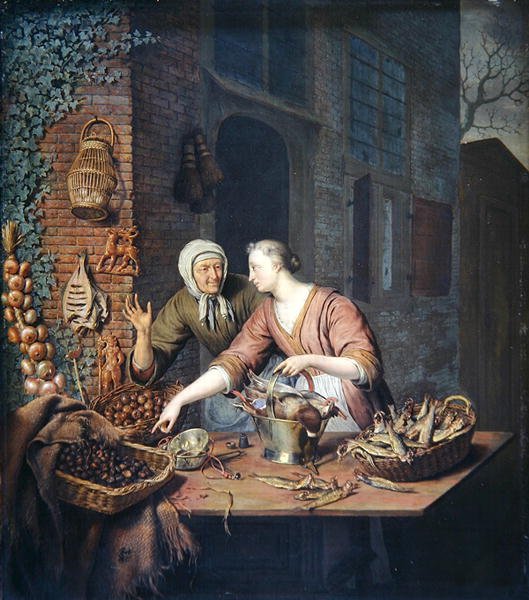 市场摊位，约1730年（油画板）。 作者 威廉·范·米耶里斯（Willem Van Mieris）